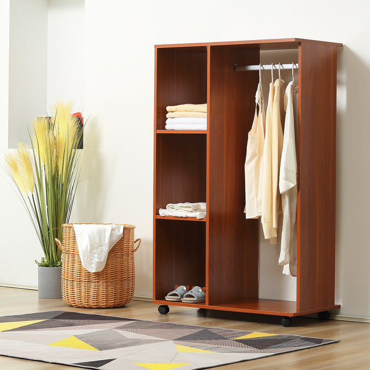 HOMCOM Open Wardrobe with Hanging Rail and Storage Shelves w/Wheels Bedroom-Walnut