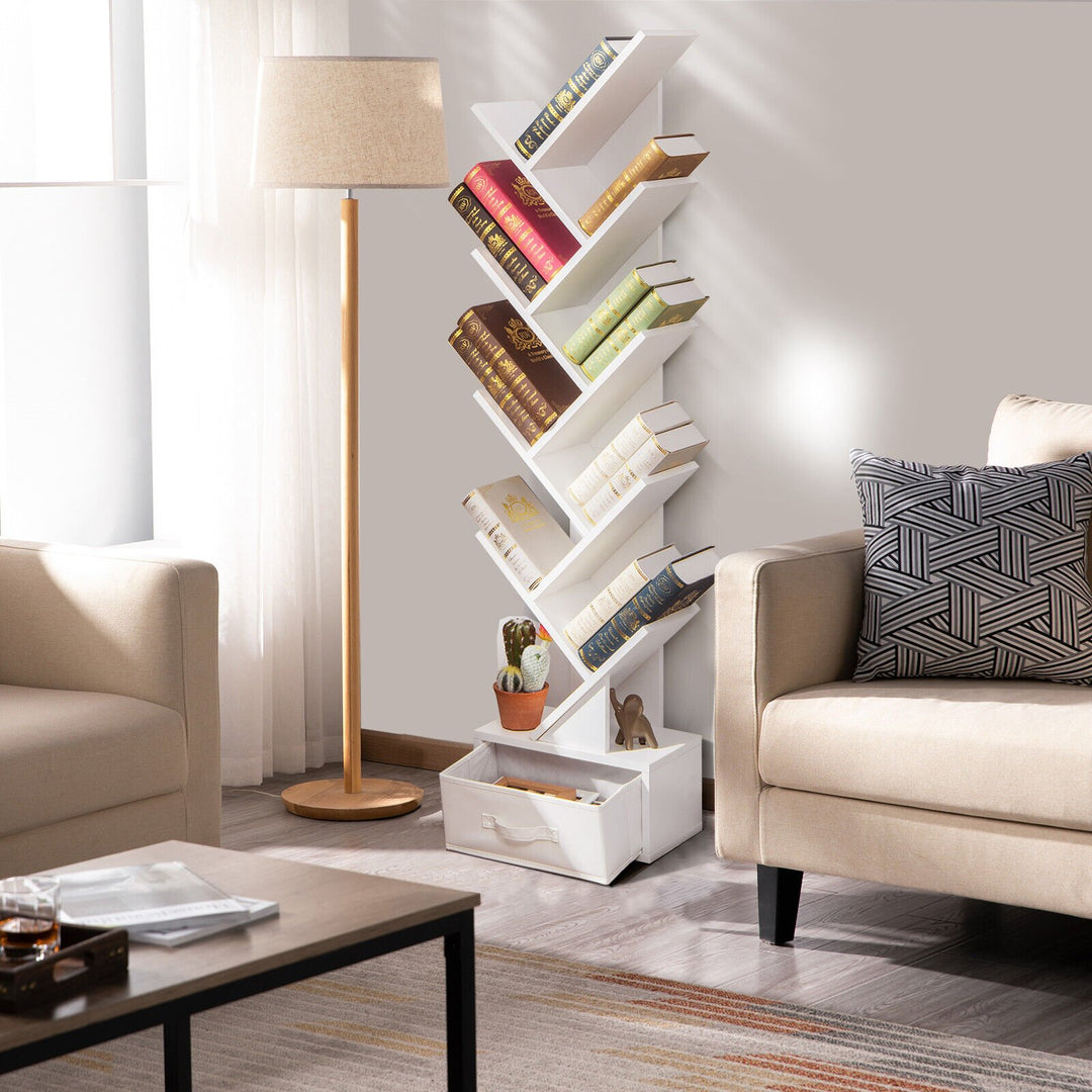 Freestanding Tree Bookshelf with Drawer-White