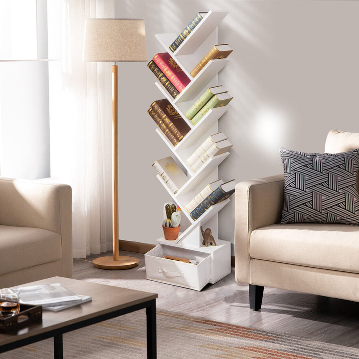 Freestanding Tree Bookshelf with Drawer-White