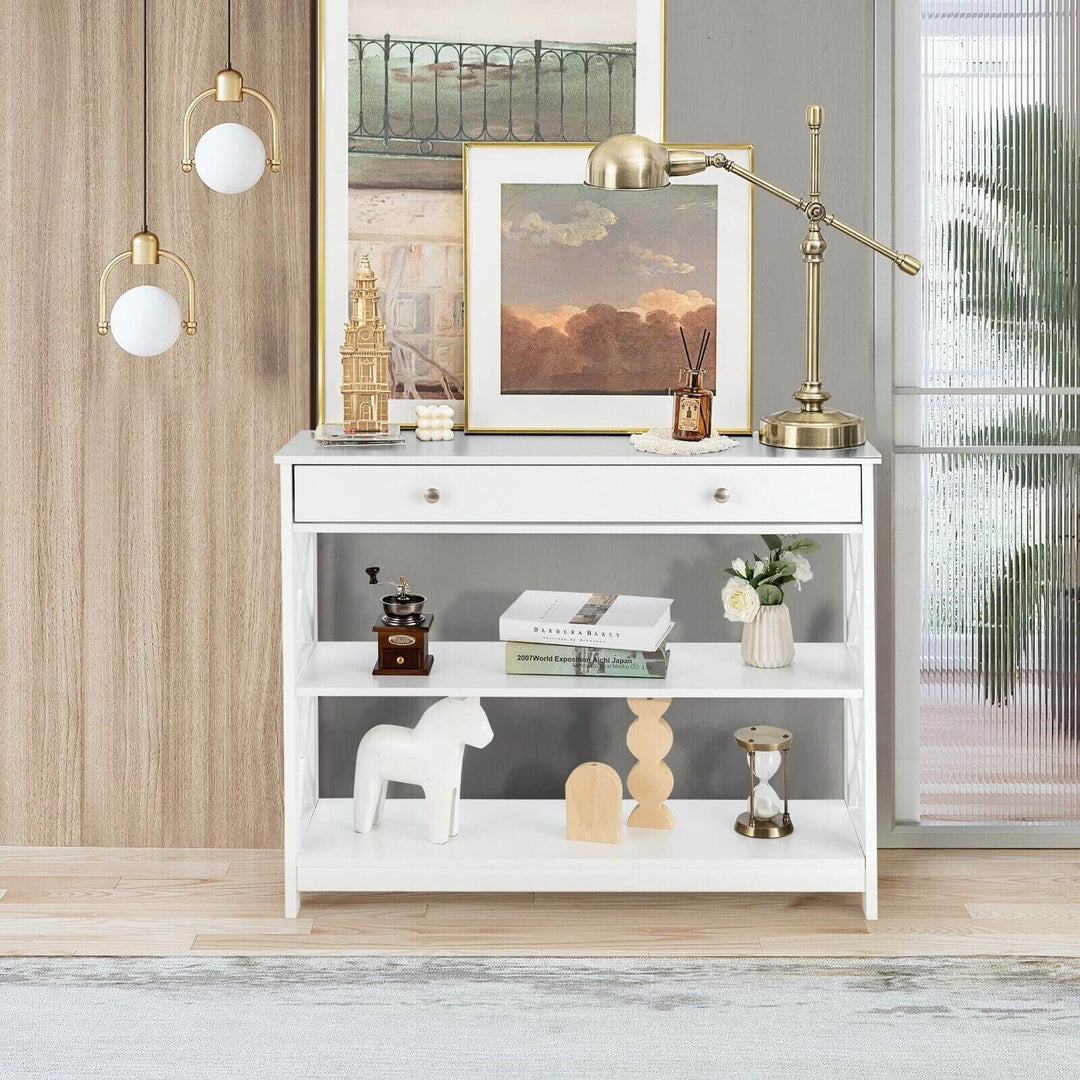 3-Tier Console Table with 1 Drawer and 2 Storage Shelves-White