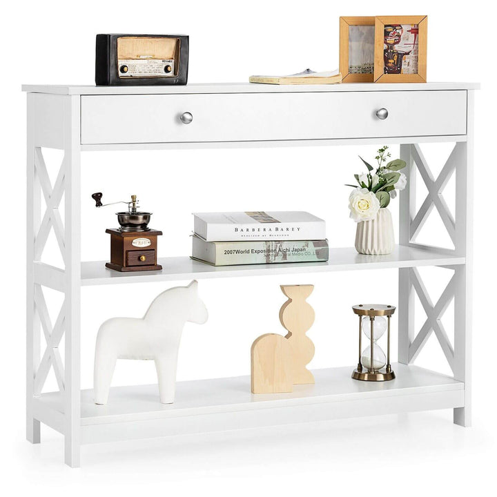 3-Tier Console Table with 1 Drawer and 2 Storage Shelves-White