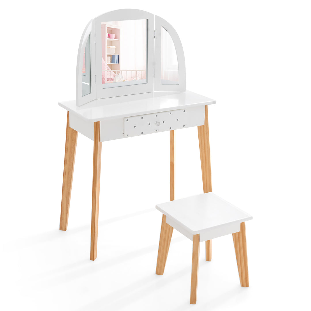 Kids Dressing Table and Stool Set Tri-Folding Mirror and Drawer -White