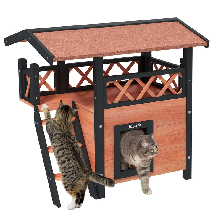 Cat House Outdoor w/ Balcony Stairs Roof, 77 x 50 x 73 cm, Brown