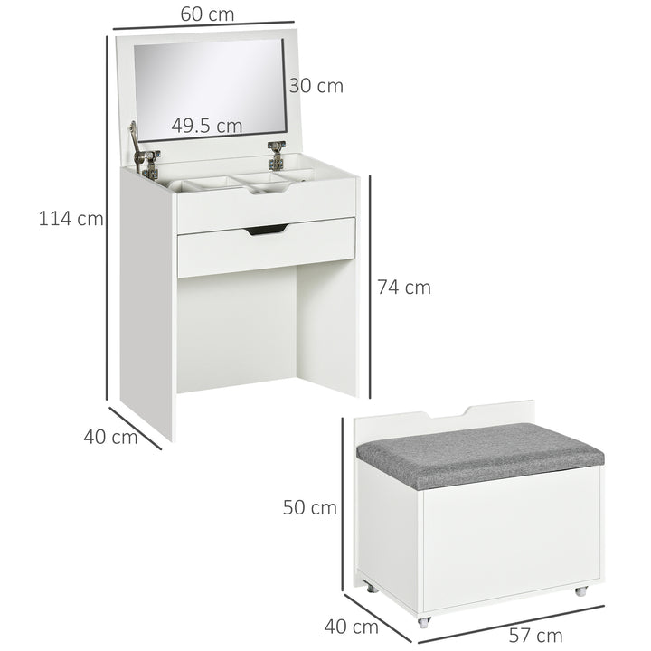 Dressing Table with Flip-up Mirror and Storage Stool, Vanity Table with Drawer and Hidden Compartments for Bedroom, Living Room, White