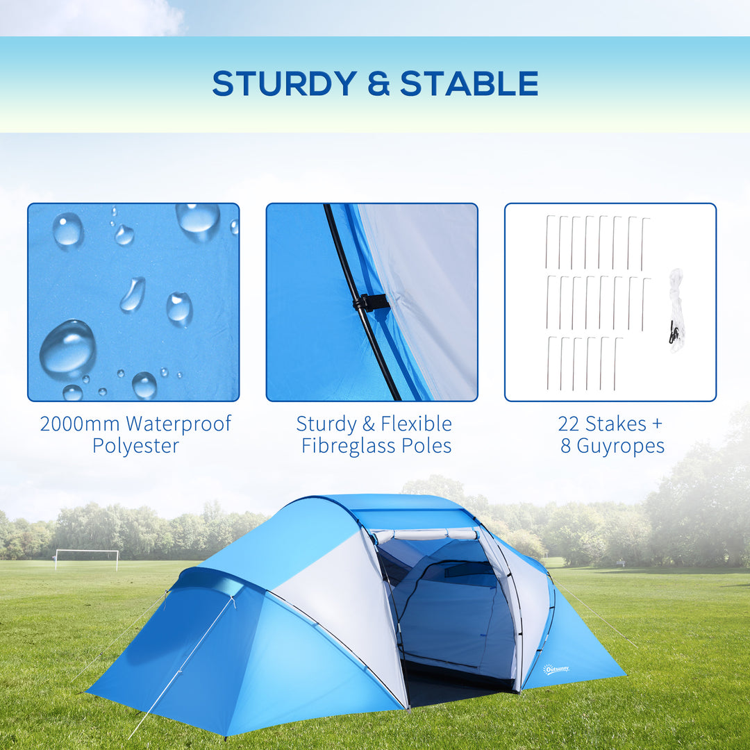 4-6 Man Camping Tent w/ Two Bedroom, Hiking Sun Shelter, UV Protection Tunnel Tent, Blue and White