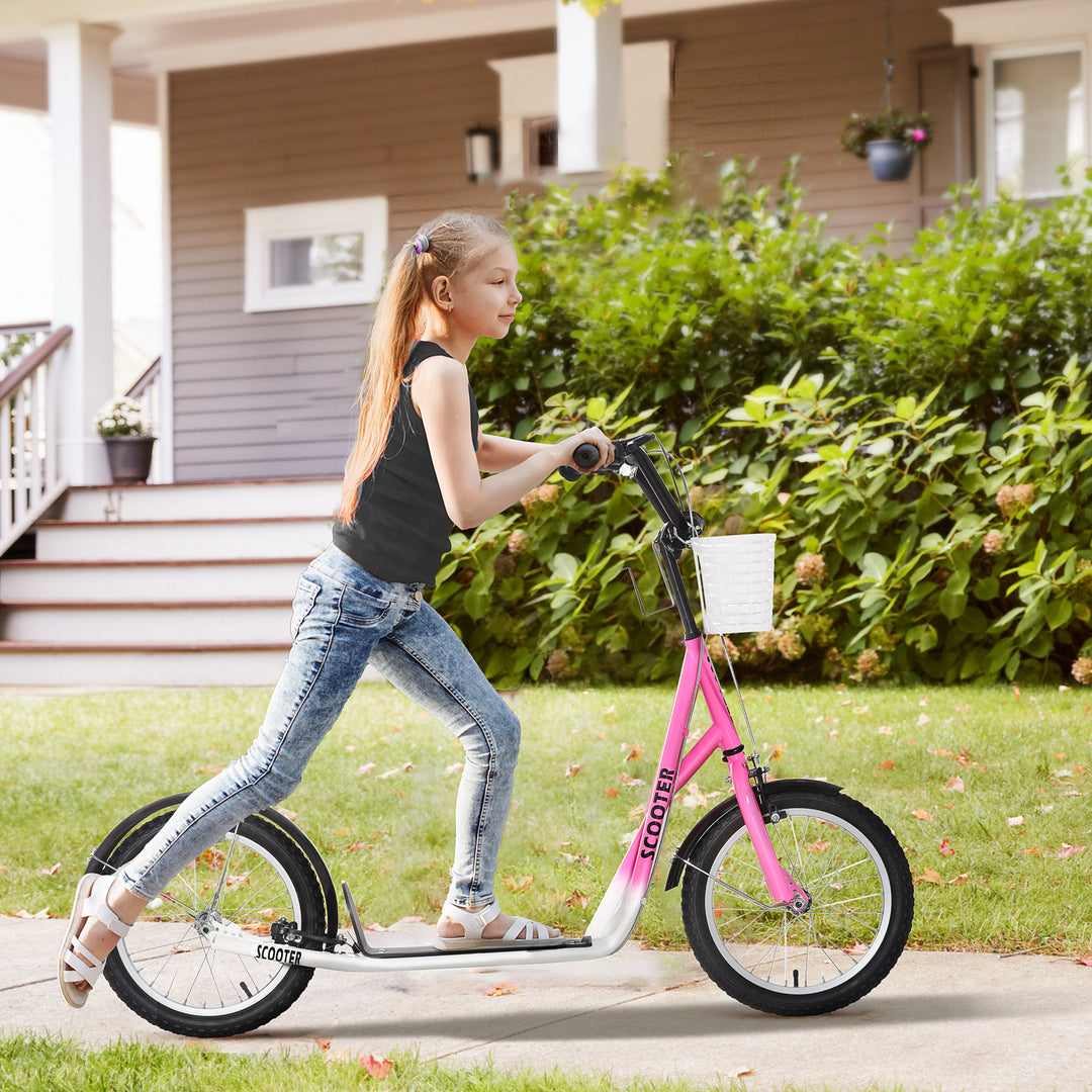 Kids Kick Scooter Teen Ride On Children Scooter with Adjustable Handlebar 2 Brakes Basket Cupholder Mudguard 16" Inflatable Rubber Tyres Pink