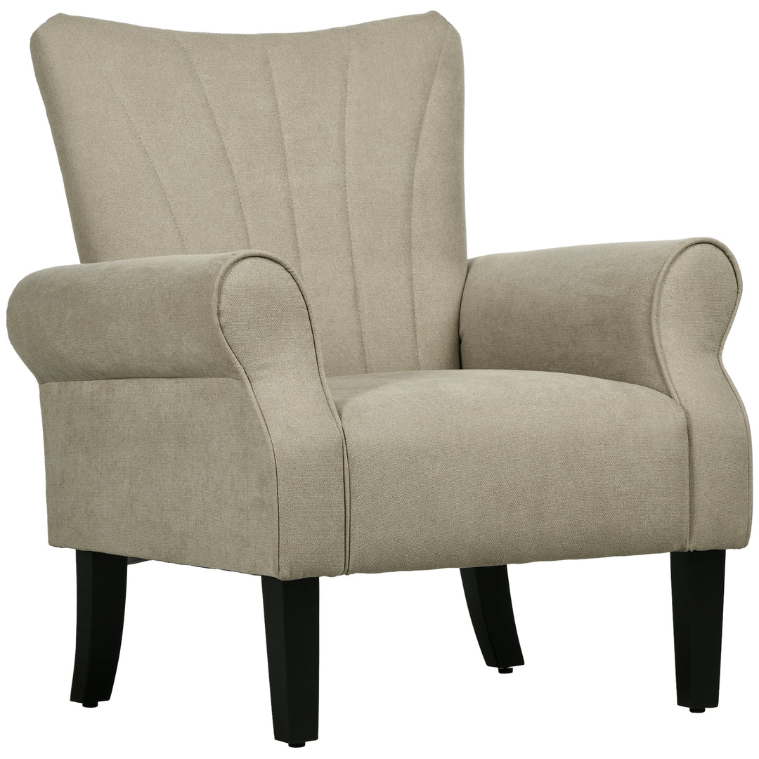 Upholstered Accent Chair with High Back, Rolled Arms and Wood Legs, Soft Thick Padded Armchair, Beige