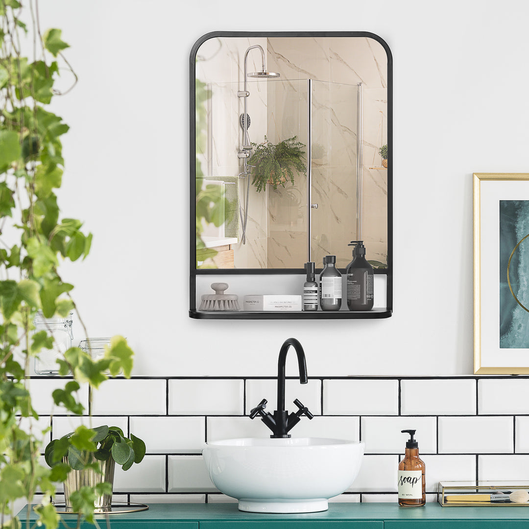 Modern Square Wall Mirror with Storage Shelf, 70 x 50 cm Mirrors for Living Room, Bedroom, Black