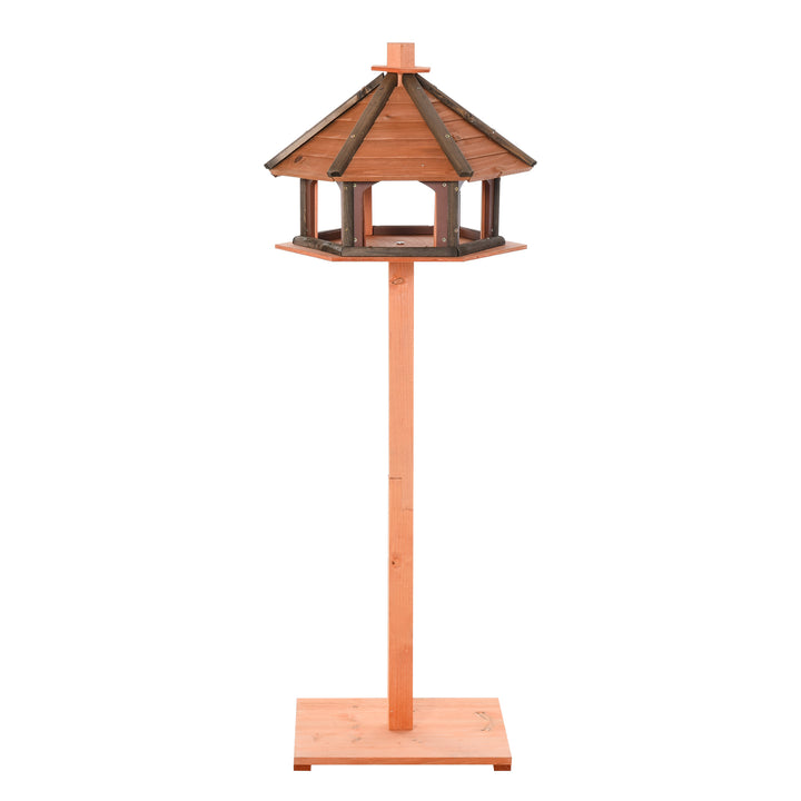 PawHut Wooden Bird Feeder Bird Table Bird House Playstand with Water-resistant Roof 130cm for Outside Use Brown