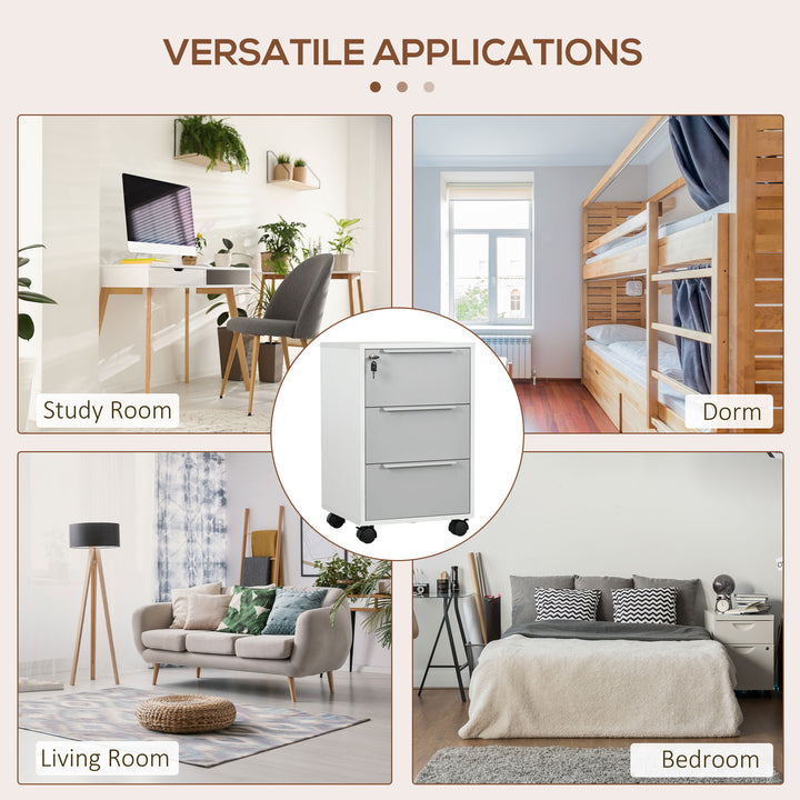 HOMCOM 3-Drawer Locking File Cabinet Mobile Chest of Drawers Side Table on Wheels for Home Office, Bedroom and Living room