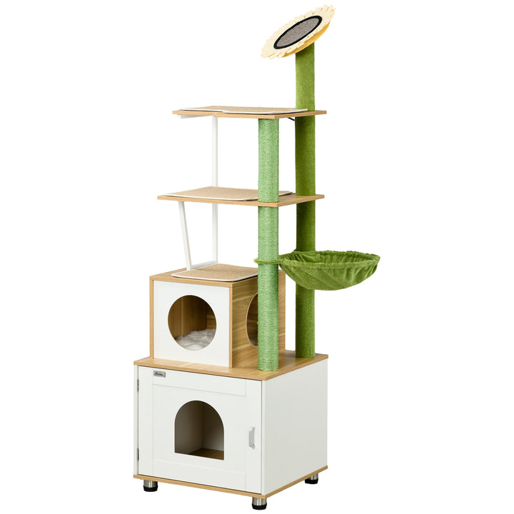 Cat Tree with Cat Litter Box for Indoor Cats, Cat Enclosure with Scratching Post, Cat Condo, Hammock, Platforms, Removable Cushions, Oak