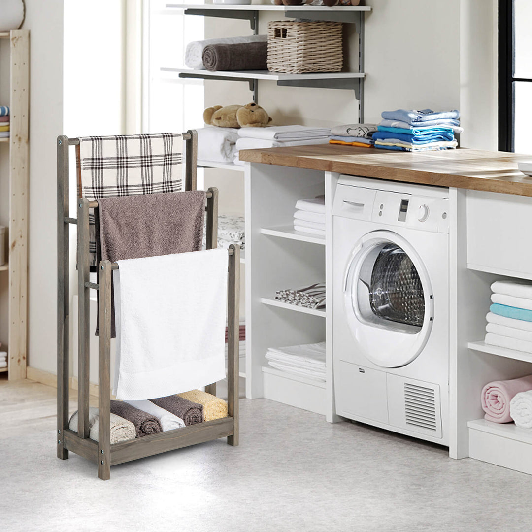 Freestanding Towel Rack and Bottom Storage Shelf-Grey