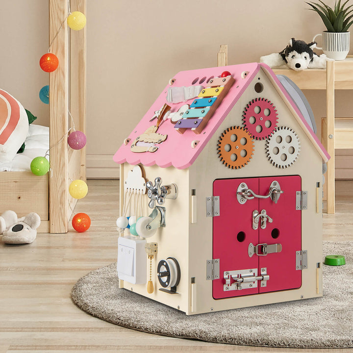 Wooden Busy House Toddler Learning Toy with Music Box-Pink