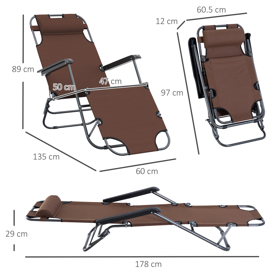 Outsunny 2 in 1 Sun Lounger Folding Reclining Chair Garden Outdoor Camping Adjustable Back with Pillow (Brown)