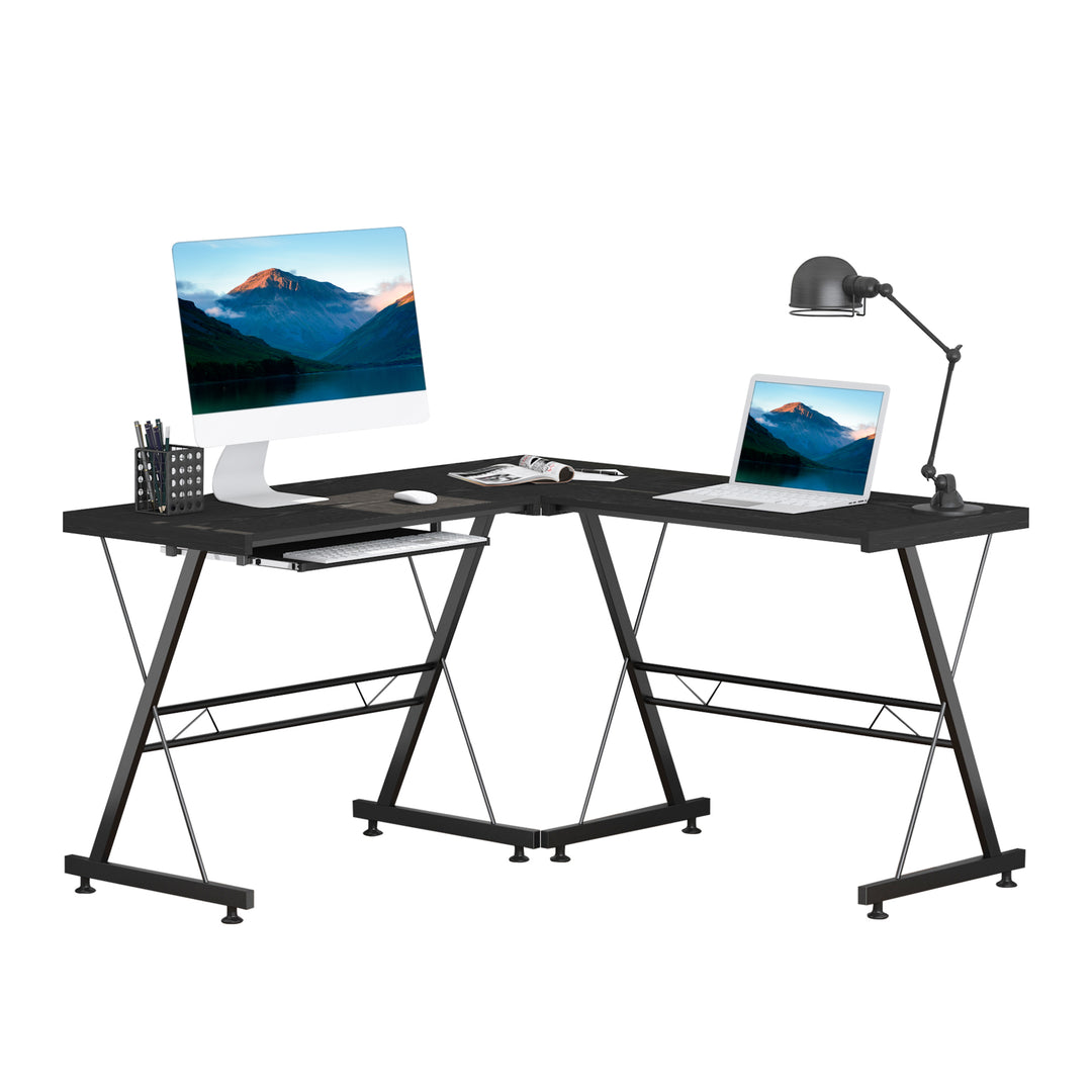 HOMCOM Office Gaming Desk L Shape Straight Corner Table Computer Work Station Laminated Sturdy Comfort w/ Keyboard Tray Black