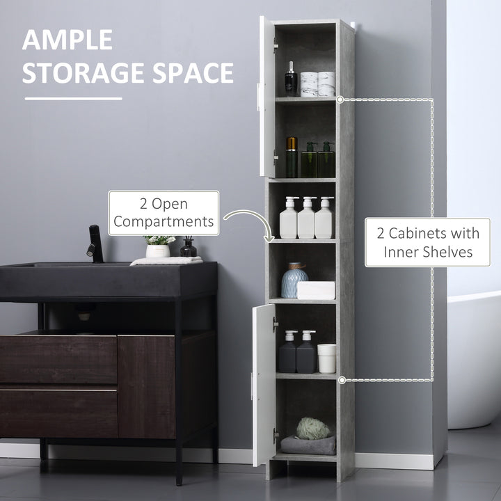 kleankin Free-standing Tall Bathroom Storage Cabinet w/ 2 Cupboards 2 Open Compartments, Slim Bathroom Organizer Adjustable Shelves Elevated Base-Grey