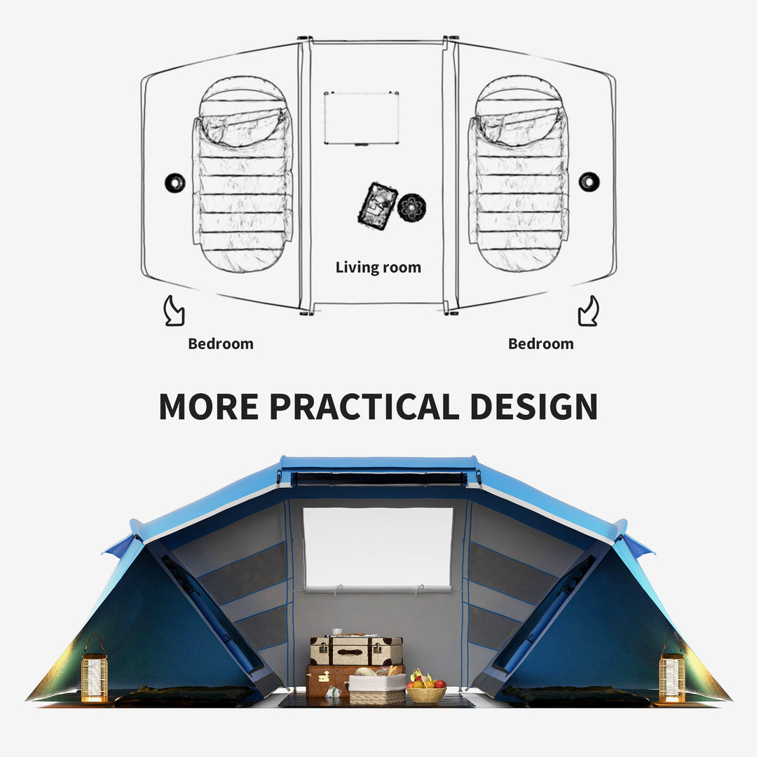 4-6 Man Camping Tent w/ Two Bedroom, Hiking Sun Shelter, UV Protection Tunnel Tent, Blue and White