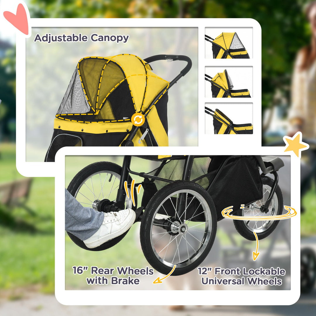 Pet Stroller Jogger for Medium, Small Dogs, Foldable Cat Pram Dog Pushchair w/ Adjustable Canopy, 3 Big Wheels - Yellow