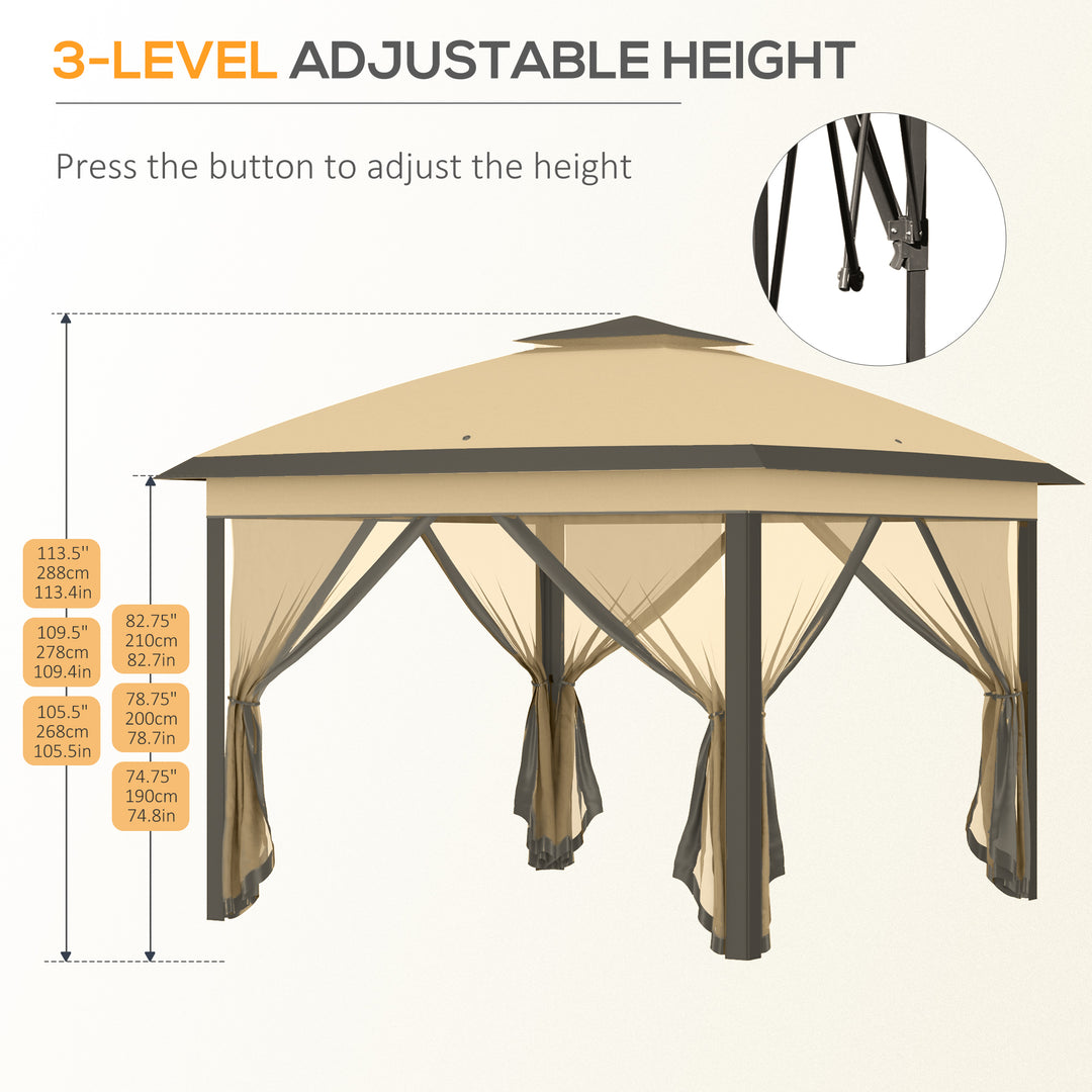 Outsunny 11' x 11' Pop Up Canopy, Double Roof Foldable Canopy Tent with Zippered Mesh Sidewalls, Height Adjustable and Carrying Bag, Event Tent Beige