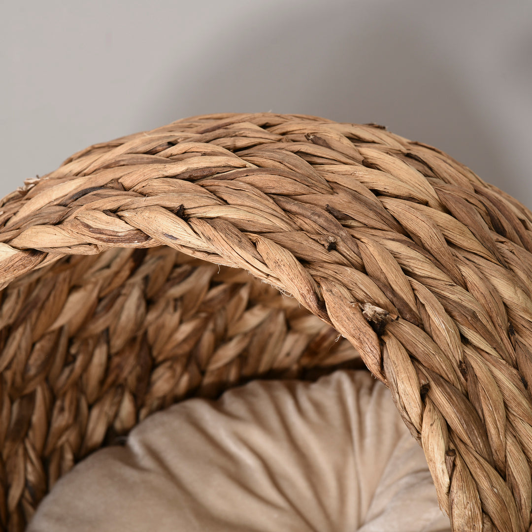 Wicker Cat Bed, Raised Rattan Cat Basket with Cylindrical Base, Soft Washable Cushion, Brown, 50 x 42 x 60 cm