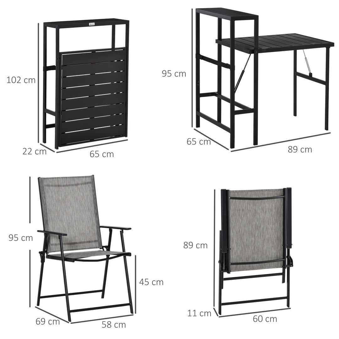 3 Pcs Folding Garden Furniture Set, Foldable Table and 2 Chairs Set w/ Side Shelf, Metal Frame, Indoor Outdoor Patio Balcony