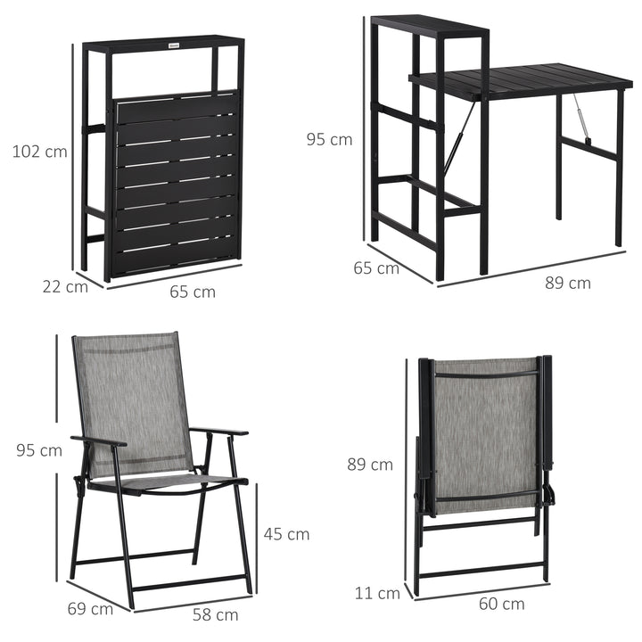3 Pcs Folding Garden Furniture Set, Foldable Table and 2 Chairs Set w/ Side Shelf, Metal Frame, Indoor Outdoor Patio Balcony