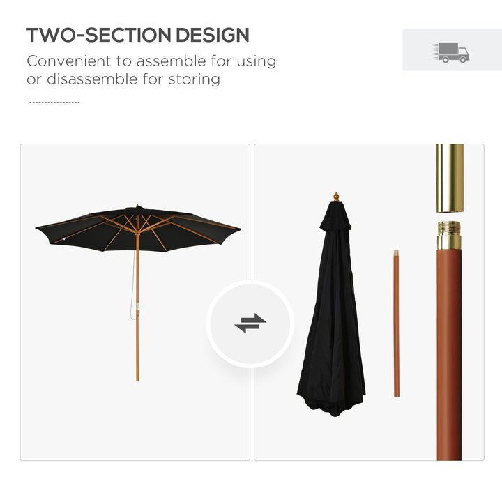 Outsunny ⌀3m Bamboo Wooden Market Patio Umbrella Garden Parasol Outdoor Sunshade Canopy, 8-ribs,Black