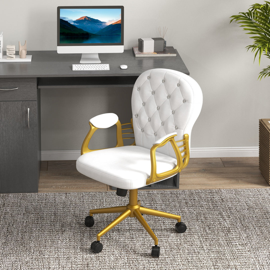 Vinsetto Height Adjustable Home Office Chair, Button Tufted Computer Chair with Padded Armrests and Tilt Function, Cream White