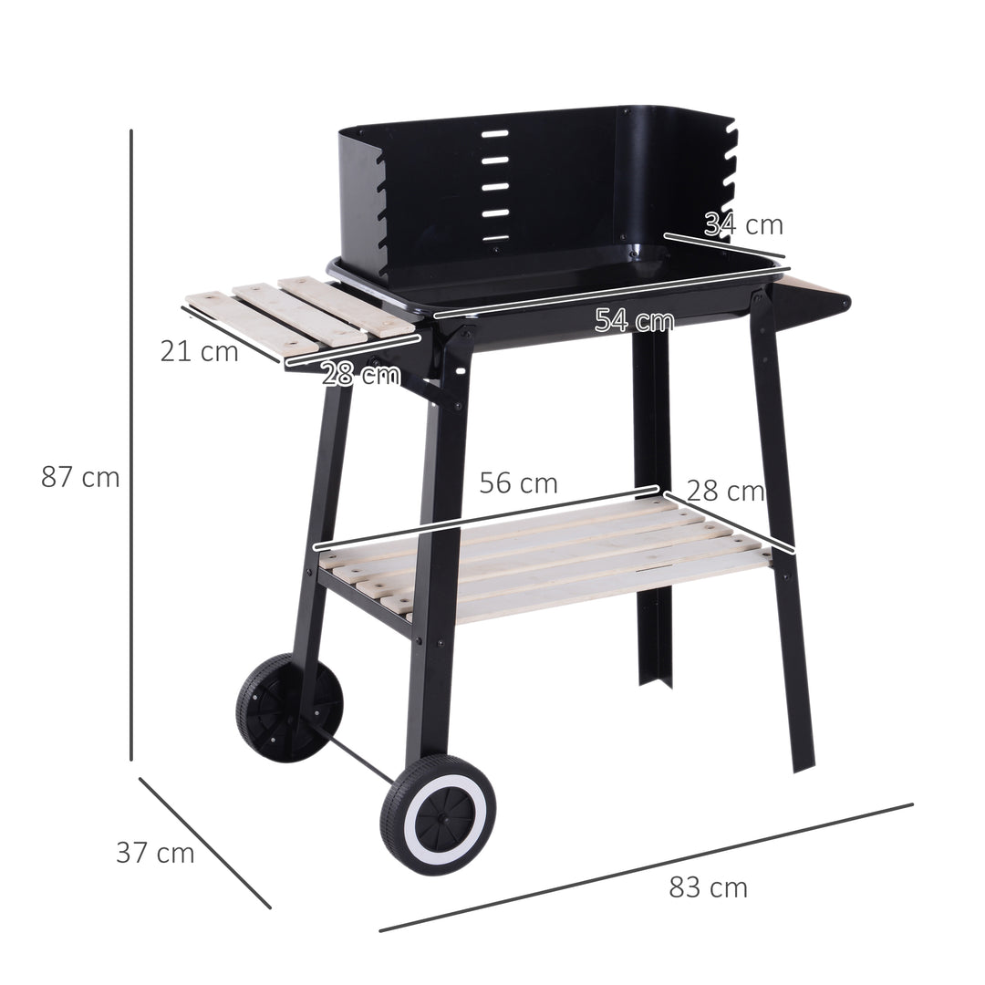 BBQ Grill Trolley Charcoal BBQ Barbecue Grill Outdoor Patio Garden Heating Smoker with Side Trays Storage Shelf and Wheels