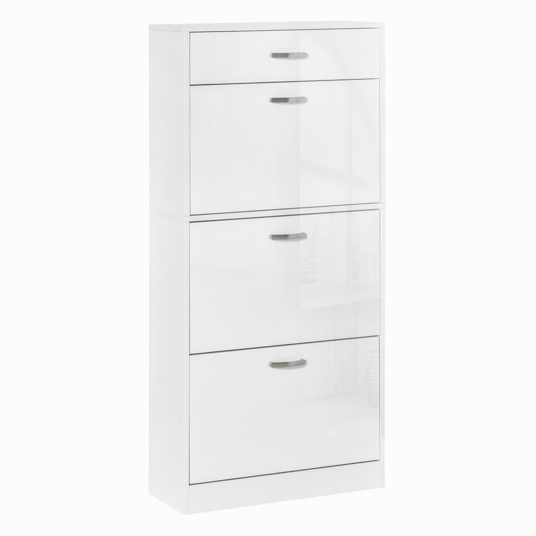 Shoe Cabinet with 4 Drawers Storage High Gloss Cupboard with Flip Doors Pull Down Furniture Unit with Adjustable Shelves for 18 Pairs White