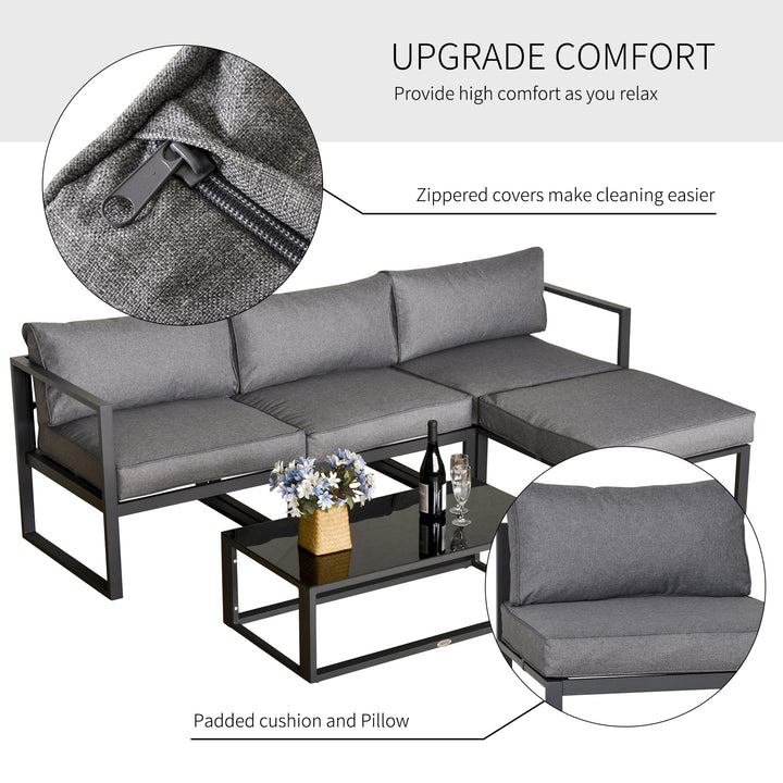 5 Pieces Outdoor Patio Furniture Set, Sofa Couch with Glass Coffee Table, Cushioned Chairs and Metal Frame, for Balcony Garden Backyard, Grey