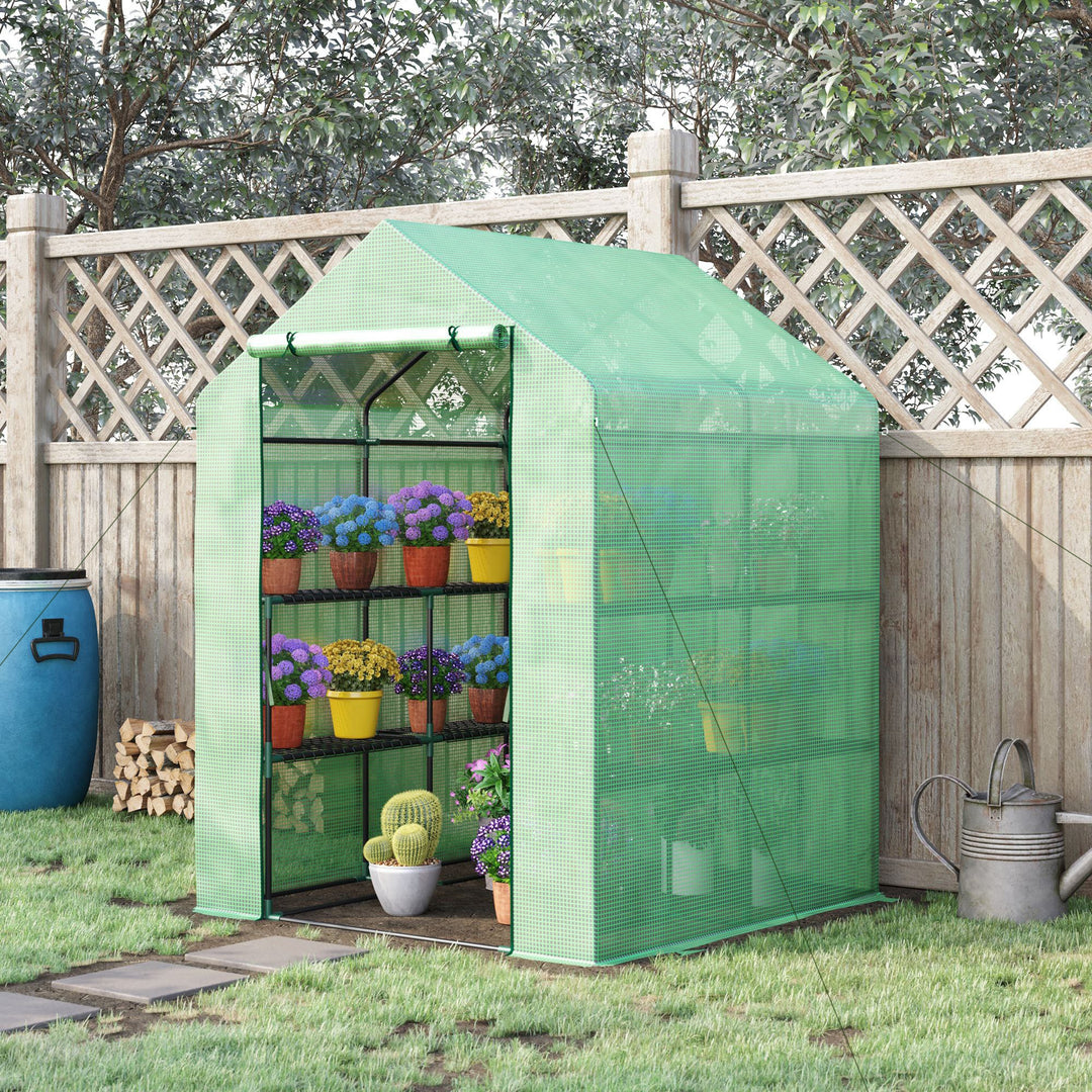 Outsunny Lean to Greenhouses with Shelves Polytunnel Steeple Green house Grow House Removable Cover 143x138x190cm, Green