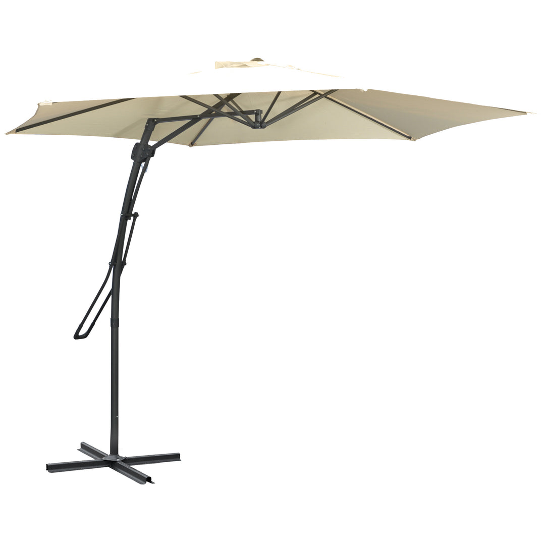 3m Cantilever Parasol with Easy Lever, Patio Umbrella with Crank Handle, Cross Base and 6 Metal Ribs, Outdoor Sun Shades，Garden, Cream White