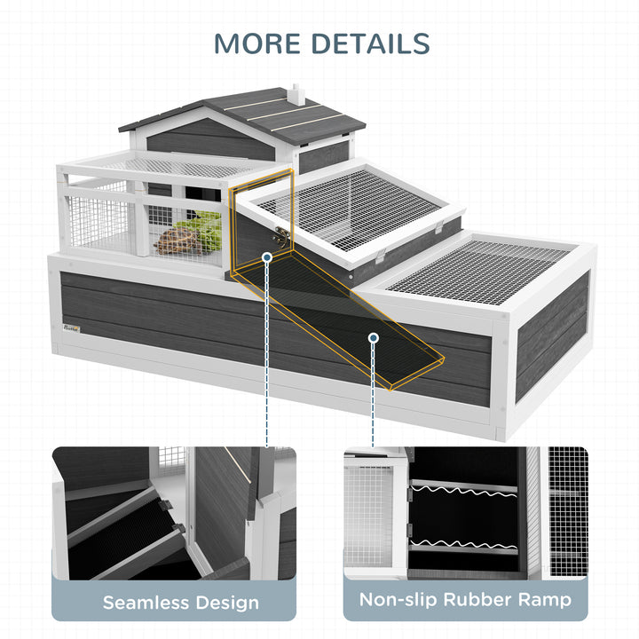 3-Room Tortoise House Habitat w/ Balcony &amp; 2 Stories, Wooden Tortoise Enclosure with Ladder, Tray, Openable Roof