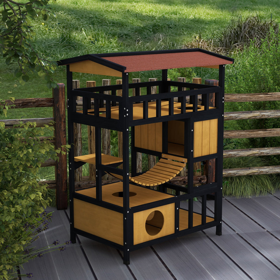 Outdoor Cat Shelter, Wooden Feral Cat House, with Suspension Bridge