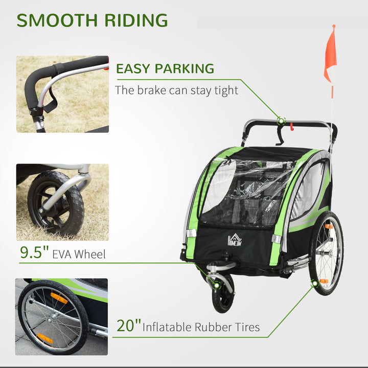 Child Bike Trailer 2 In 1 Baby Stroller 2-Seater Transport Carrier with Hitch Coupler, Brake, 5 Point Harness, Storage Bag, Reflector, Green