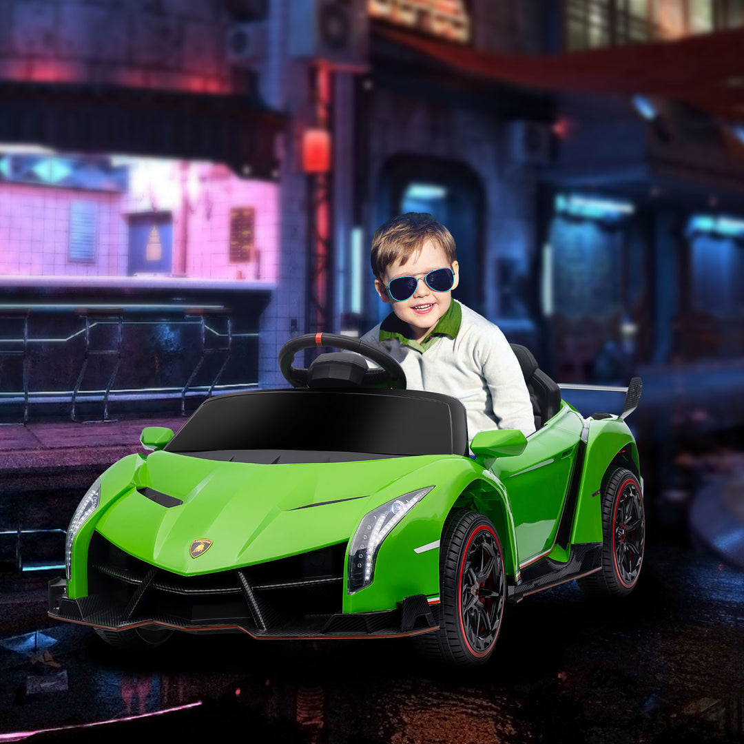 Lamborghini Veneno Licensed 12V Kids Electric Ride on Car with Butterfly Doors, Portable Battery, Powered Electric Car with Bluetooth, Remote, Music, Horn, Suspension, for 3-6 Years - Green