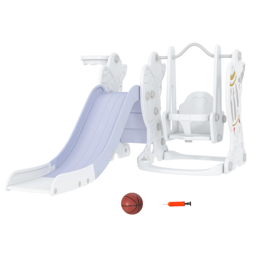 Space-Themed Kids Slide and Swing Set, with Basketball Hoop