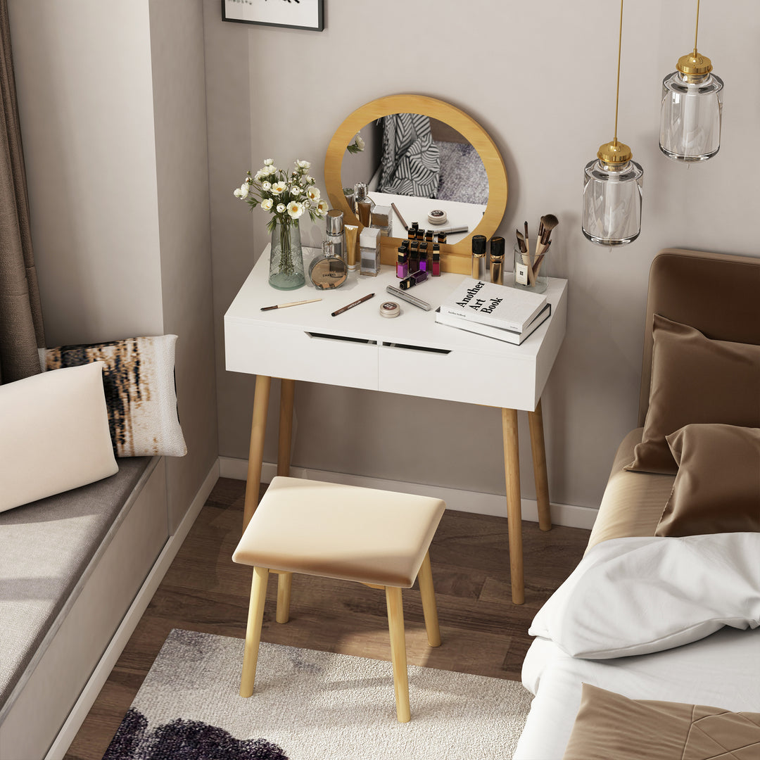 Dressing Table &amp; Stool Set w/ Drawers Mirror Modern Elegant Vanity Makeup Padded Seat Home Bedroom Beauty Furniture Natural Brown