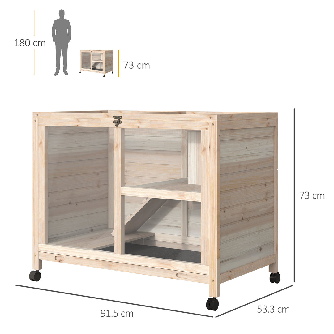 PawHut Wooden Rabbit Hutch Guinea Pigs House Bunny Small Animal Cage W/ Pull-out Tray Openable Roof Wheels 91.5 x 53.3 x 73 cm