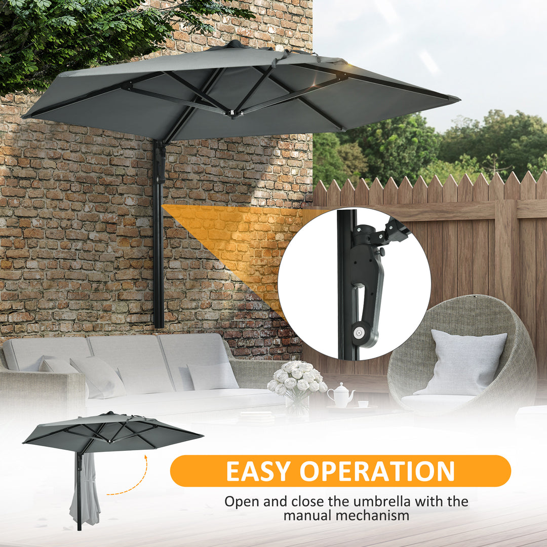Wall Mounted Parasol, Hand to Push Outdoor Patio Umbrella with 180 Degree Rotatable Canopy for Porch, Deck, Garden, 250 cm, Grey