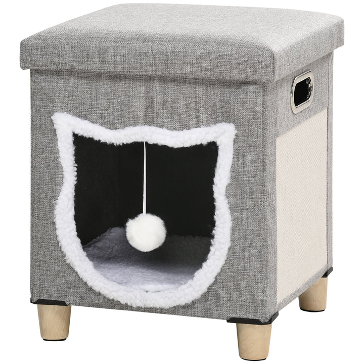 2 in 1 Cat Bed Ottoman, Comfortable Cat Sleeping Cave House w/ Removable Cushion, Scratching Pad, Handles, Anti-Slip Foot Pad, Toy Ball Grey