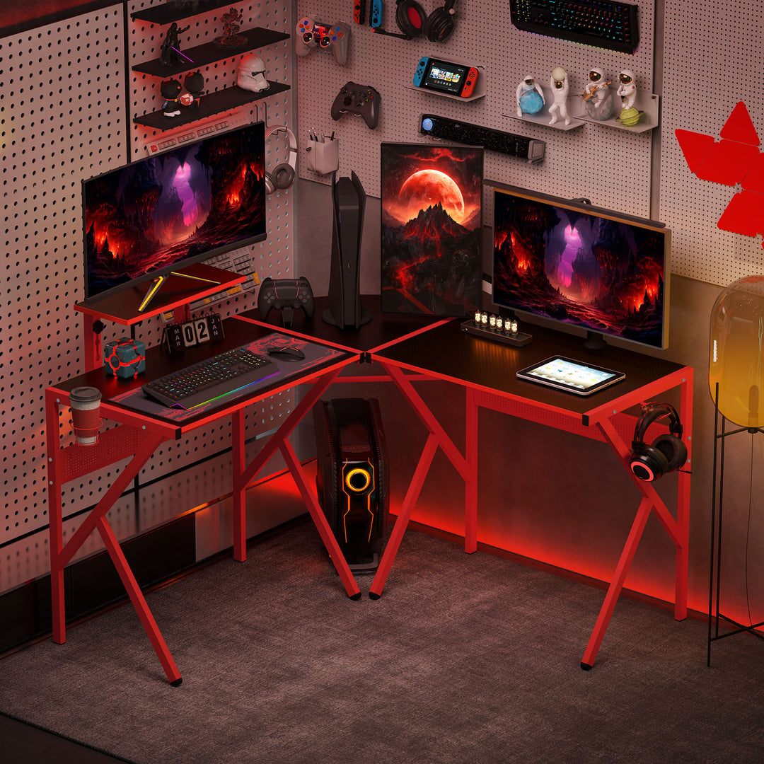 Gaming Desk L-Shaped Corner Computer Table for Home Office PC Workstations with Adjustable Monitor Stand , Red