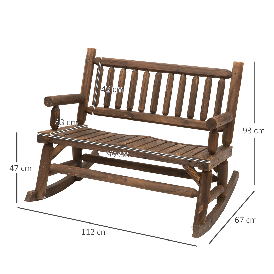 Garden 2-Seater Rocking Bench Wood Frame Rough-Cut Log Loveseat Slatted High Back Rustic Style with Armrests - Dark Stain Brown