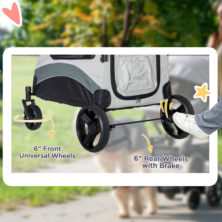 PawHut Pet Stroller for Medium Dogs Cat Pushchair Buggy Pram with 4 Wheels Safety Leash Zipper Doors Mesh Windows Storage Bag, Grey