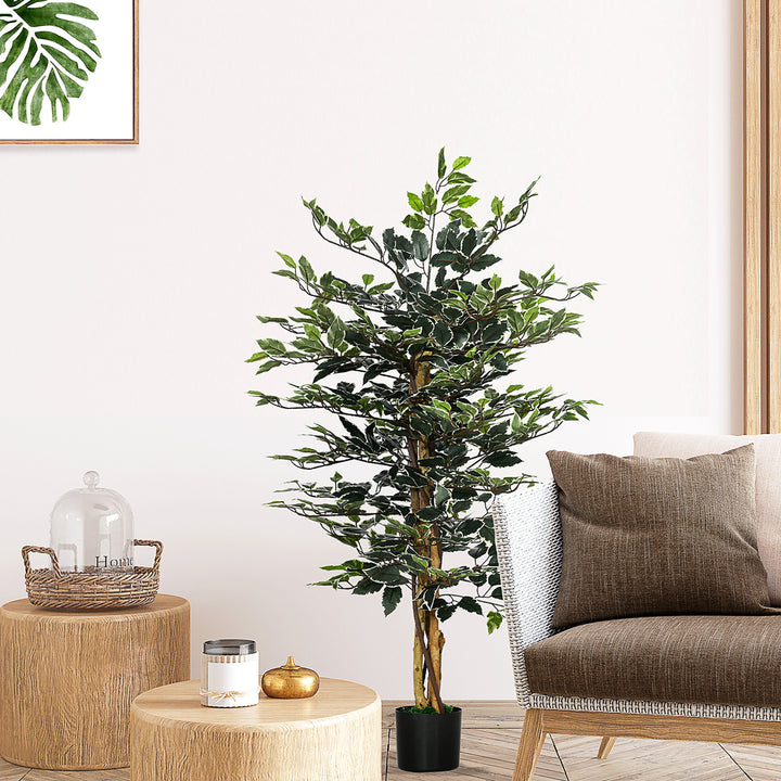 Artificial Ficus Tree in Pot, Fake Plant with Lifelike Leaves and Natural Trunks, Indoor Outdoor, Green