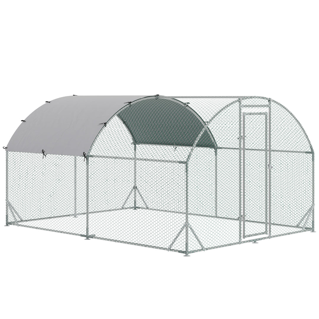 PawHut Walk In Chicken Run Galvanized Chicken Coop Hen Poultry House Cage Rabbit Hutch Pet Playpen Backyard with Water-Resist Cover, 2.8 x 3.8 x 2m