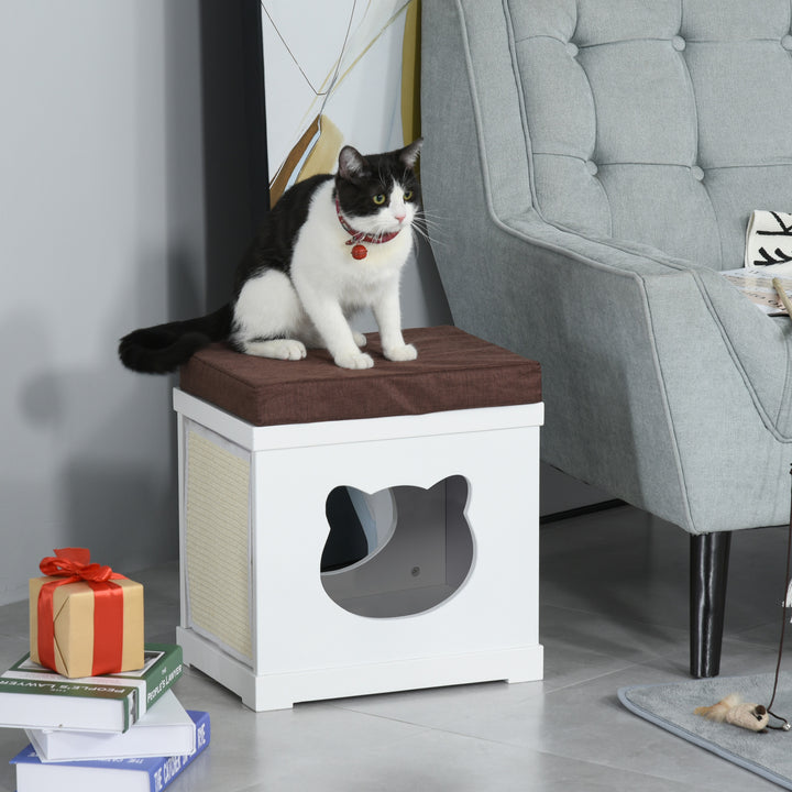 Wooden Cat House Bed Cat Scratching Cube for Small Cat Pet Furniture with Removable Scratching Pad and Soft Cushion White