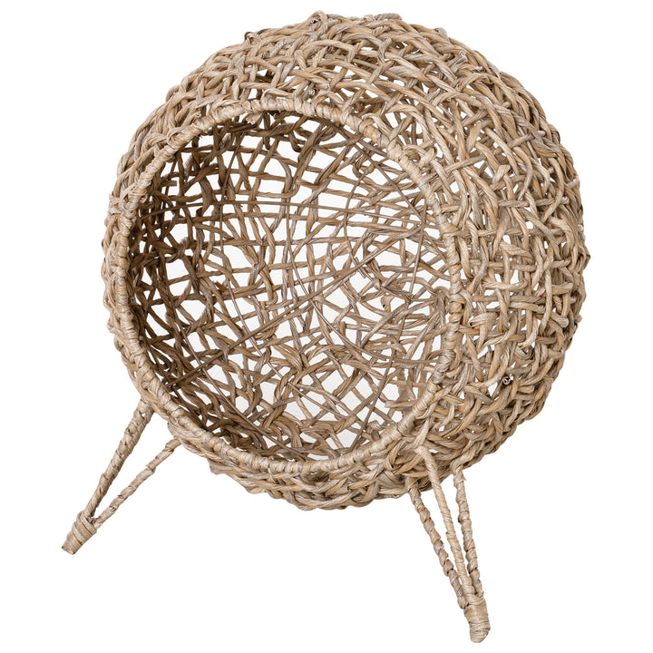 Wicker Cat Bed, Ball-Shaped Rattan Elevated Cat Basket with Three Tripod Legs, Cushion, Natural Wood Finish