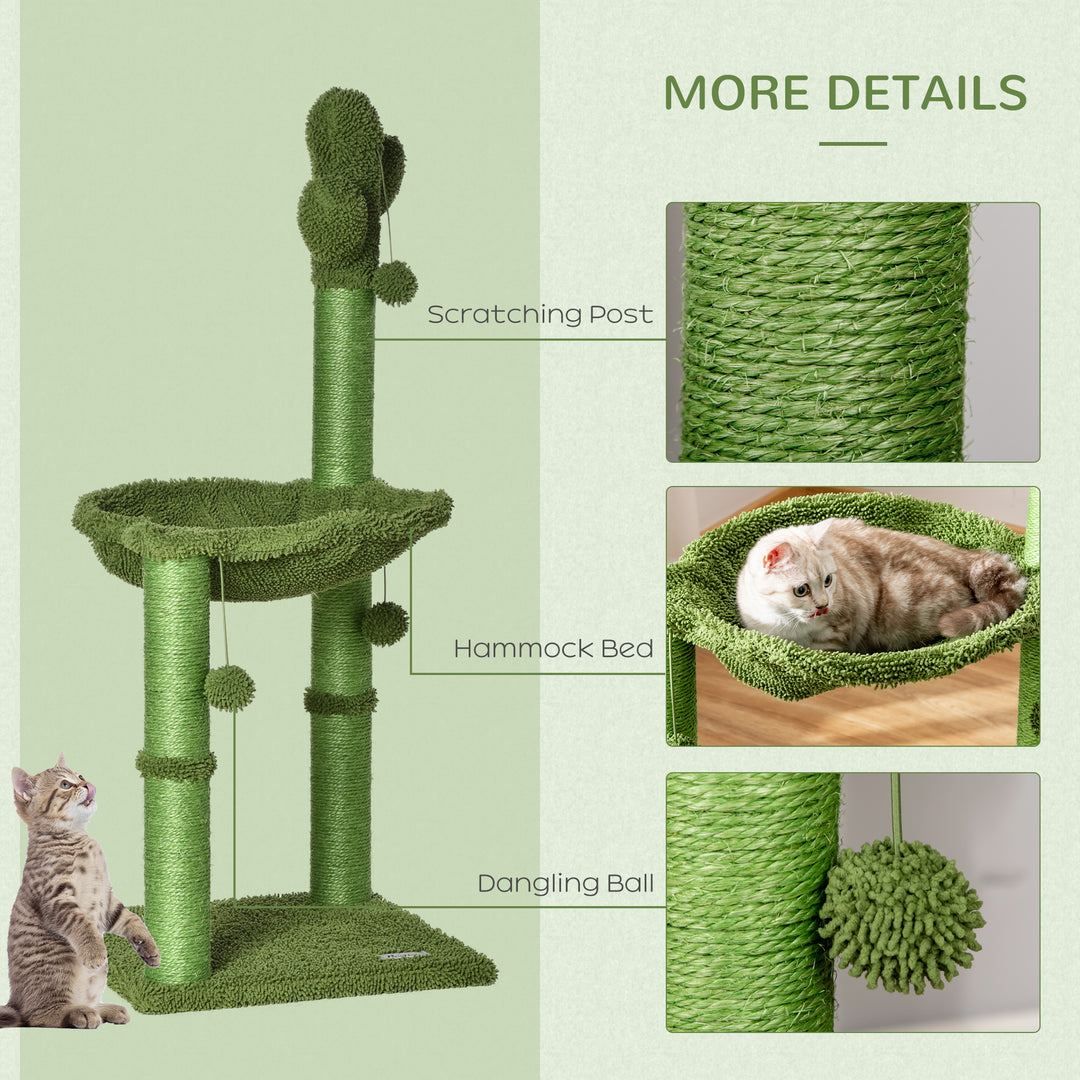 PawHut Cat Tower Kitten Activity Center Cactus Shape with Scratching Post Hammock Bed Dangling Ball Toy